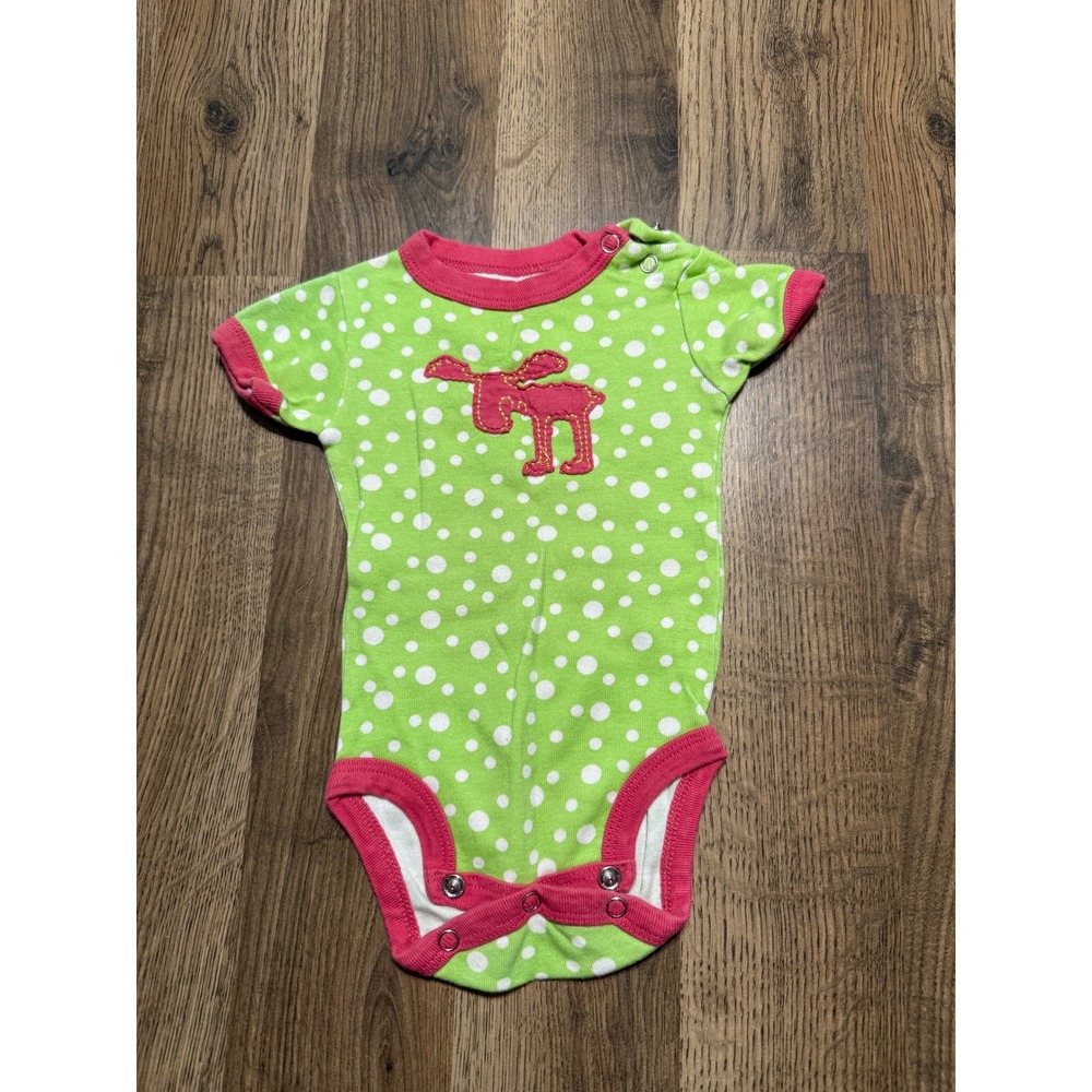 Lazy One Creeper Bodysuit Unisex 6M Green Polka Dot Moose Infant Excellent